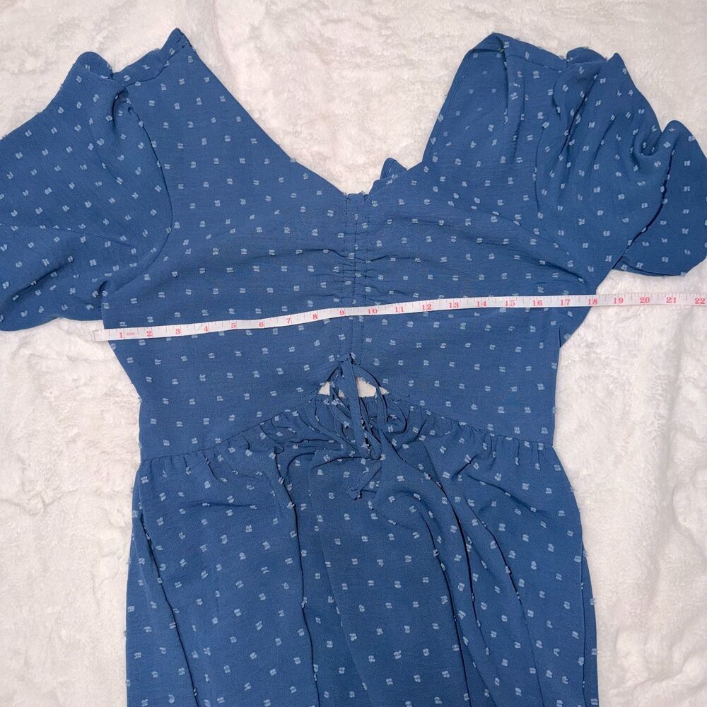 Dusty Blue Swiss Dot Mini Dress XL Puff Sleeve Smocked Open Tie Back - Picture 5 of 7